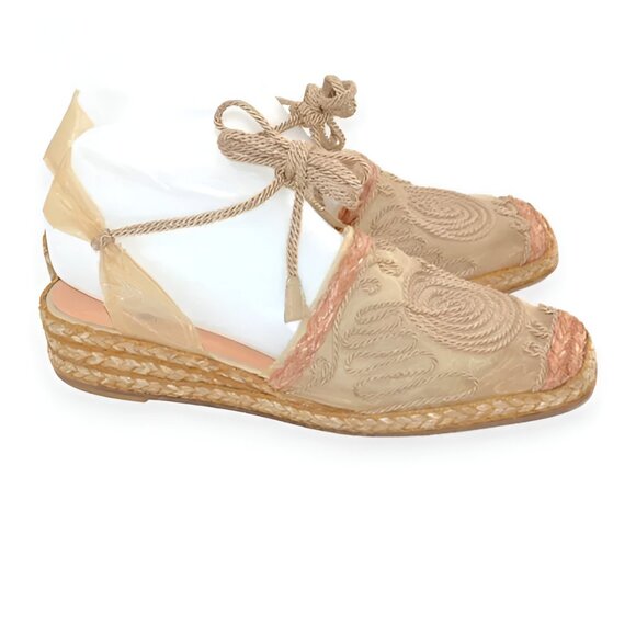 Stuart Weitzman Camel Tan Embroidered Mesh Lace Slingback Espadrilles Sandals 8 - Picture 3 of 10
